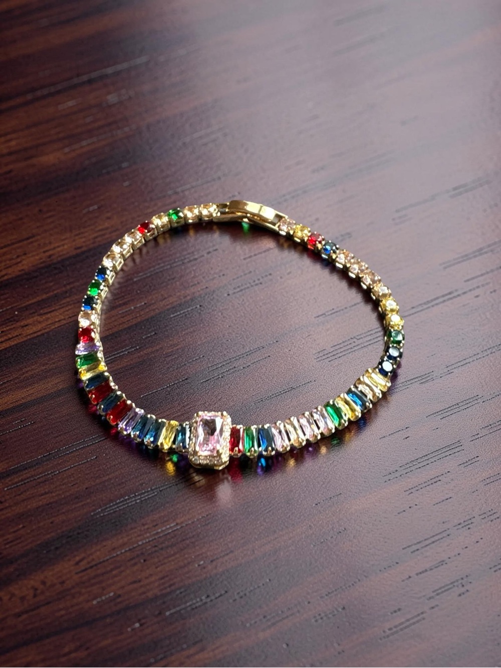 Gold Multicolor Crystal Tennis Bracelet - Picture 3 of 4